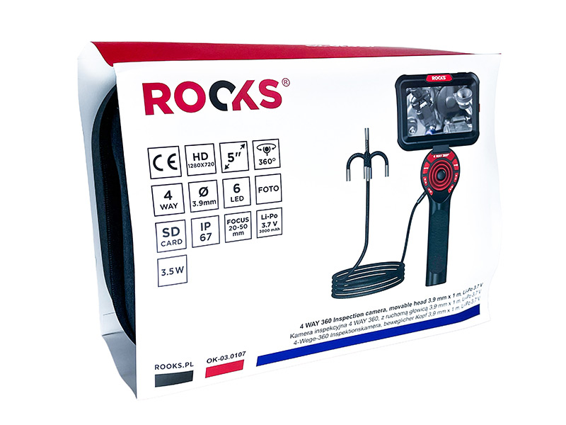 ROOKS Kamera inspekcyjna 4 WAY 360 z ruchomą głowicą 3,9 mm x 1 m Li-po 3,7V OK-03.0107
