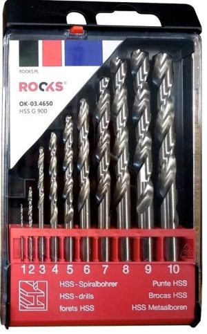 ROOKS Wiertła do metalu PRO HSS G 900 N/mm2 komplet 10 elementów 1 / 2 / 3 / 4 / 5 / 6 / 7 / 8 / 9 / 10 mm DIN 338