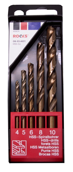 ROOKS Wiertła do metalu STRONG HSS-Co 1000 N/mm2 komplet 5 elementów 4 mm 5 mm 6 mm 8 mm 10 mm