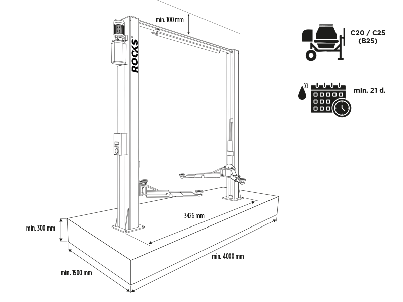 ROOKS Podnośnik dwukolumnowy elektrohydrauliczny 4t łączony górą 400V 100-1900 mm