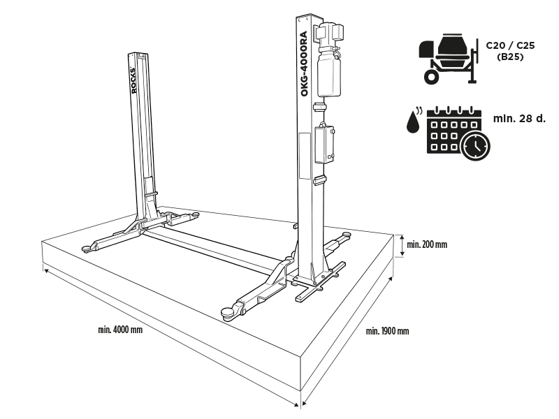 ROOKS Podnośnik dwukolumnowy elektrohydrauliczny 4T łączony dołem na ramie