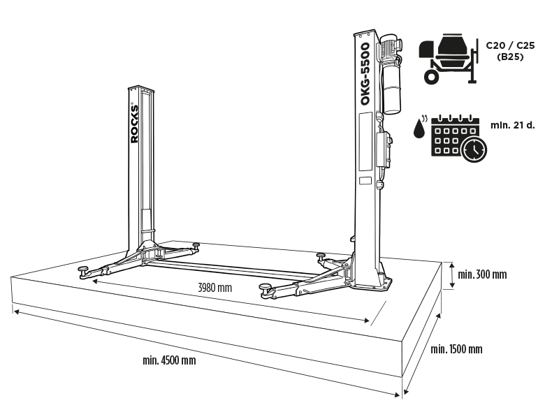 ROOKS Podnośnik dwukolumnowy elektrohydrauliczny automatyczny 5,5t do dużych busów 1900mm 400V