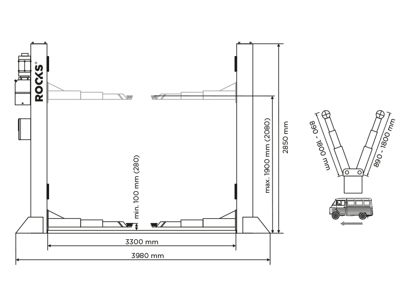 ROOKS Podnośnik dwukolumnowy elektrohydrauliczny automatyczny 5,5t do dużych busów 1900mm 400V