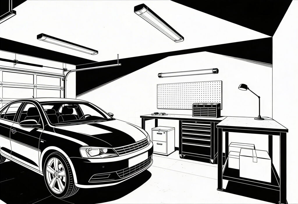 układ garażu - garaż z warsztatem - oświetlenie główne i stanowiskowe