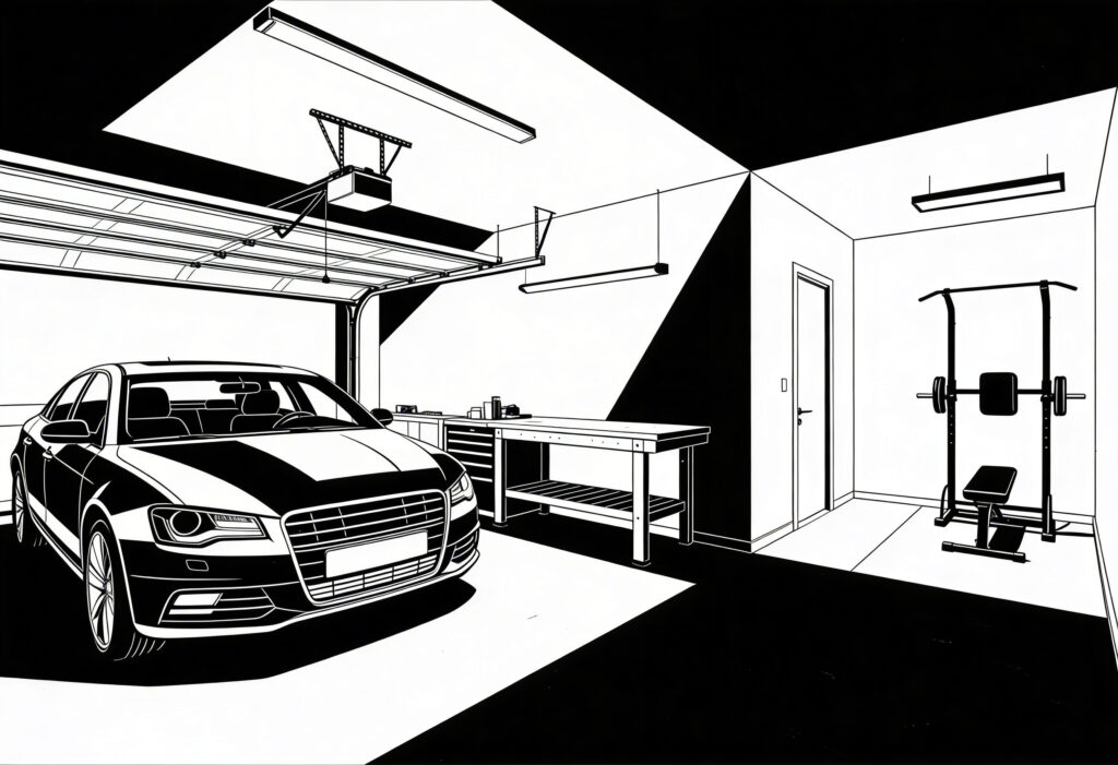 garaż z miejscem do pracy i domową siłownią