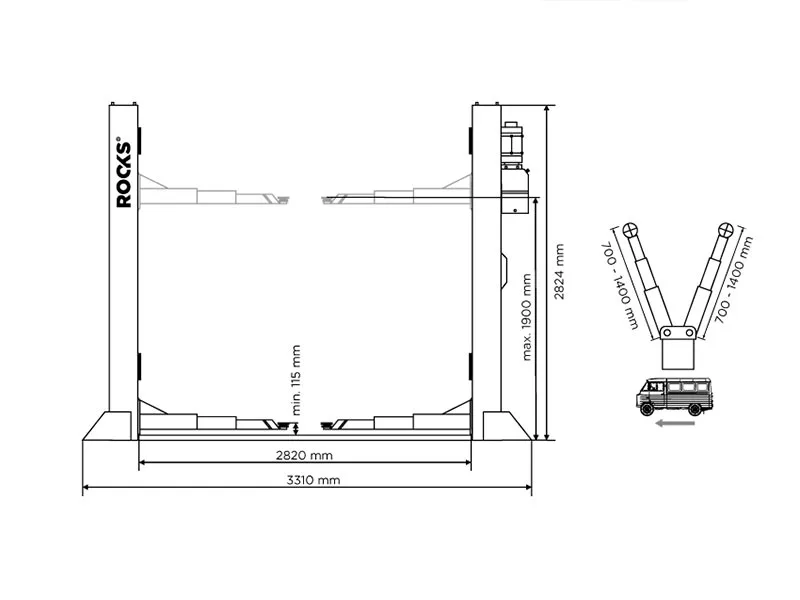 ROOKS Podnośnik dwukolumnowy automatyczny 4,5t LED sterowanie pilot 400V
