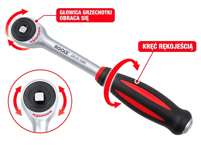 ROOKS Grzechotka twist z obrotową rękojeścią 1/4"